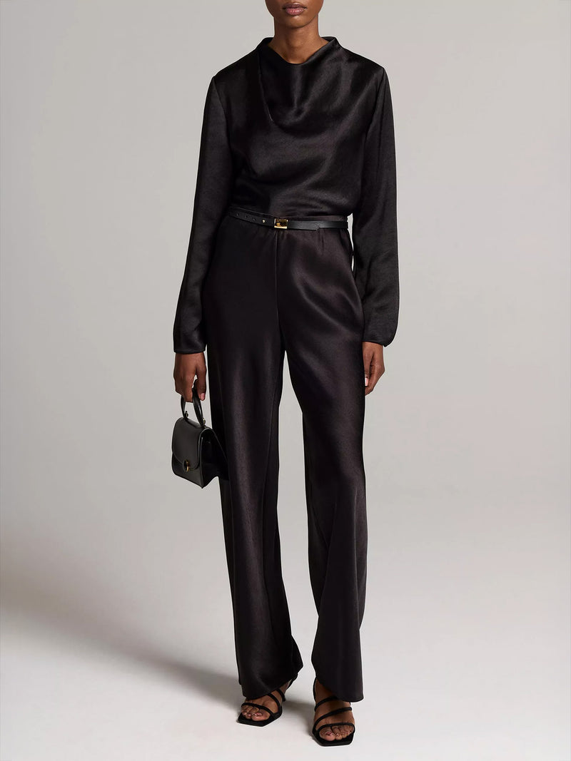 Satin draped long sleeve cowl, black