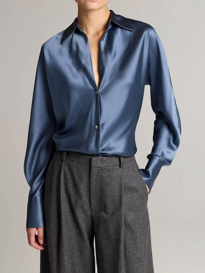 Bias long sleeve blouse, blue slate