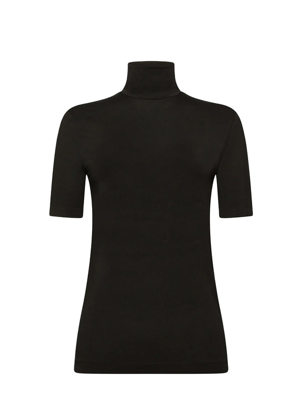 A black short-sleeve turtleneck top displayed on a clean white background.