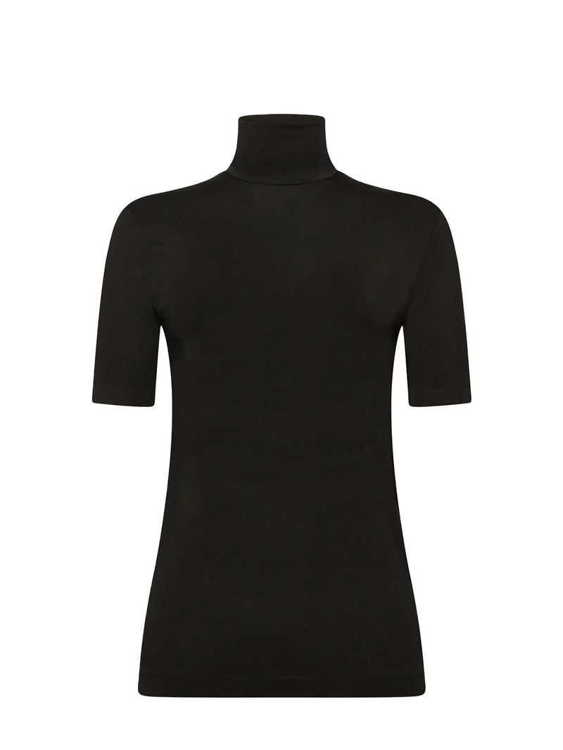 A black short-sleeve turtleneck top displayed on a clean white background.