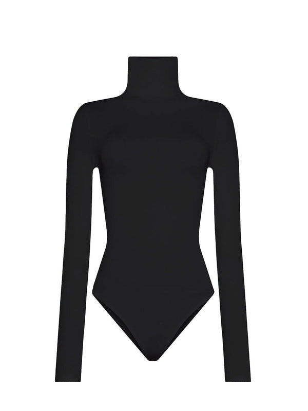 A black long-sleeve bodysuit with a mock neck and a pointed V-shaped waist, shown on a plain white background.