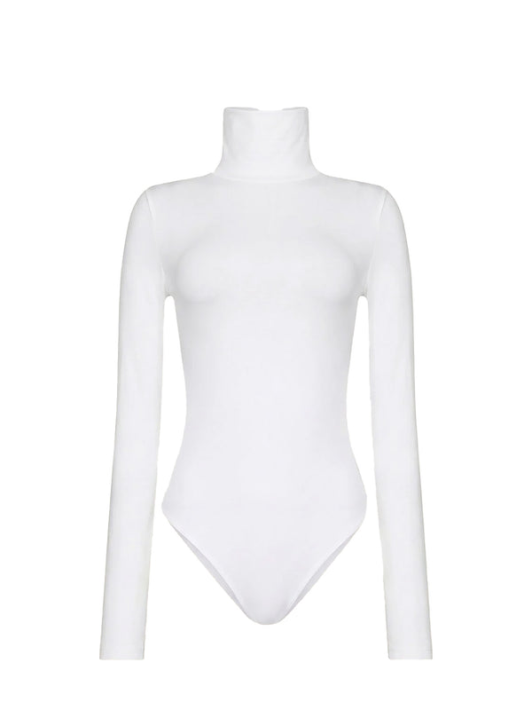 A white long-sleeve bodysuit with a mock neck, displayed on a clean white background.