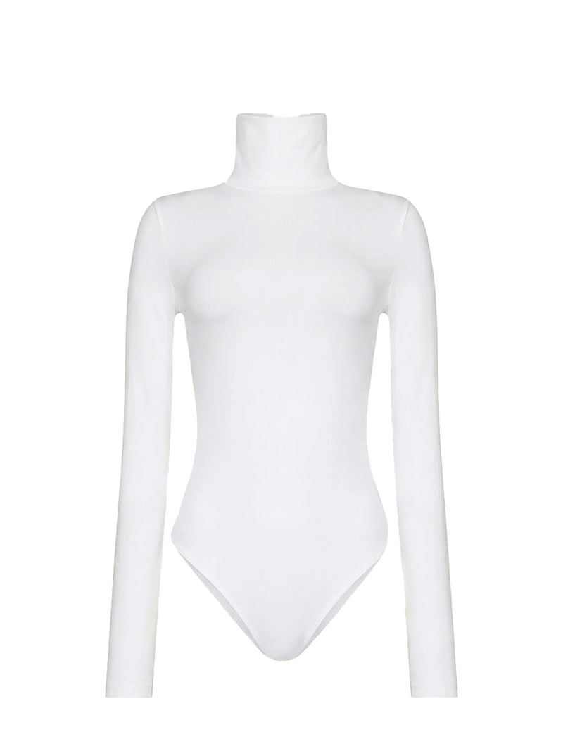 A white long-sleeve bodysuit with a mock neck, displayed on a clean white background.
