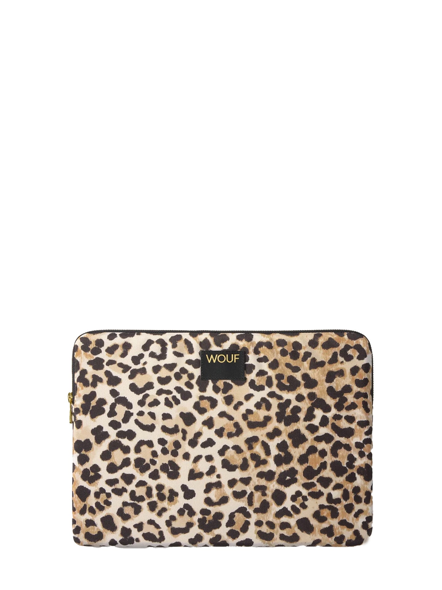 Leopard print pouch with 'Wouf' brand logo on a white background