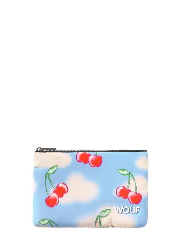 Pouch with cherry design and 'WOUF' branding on a white background