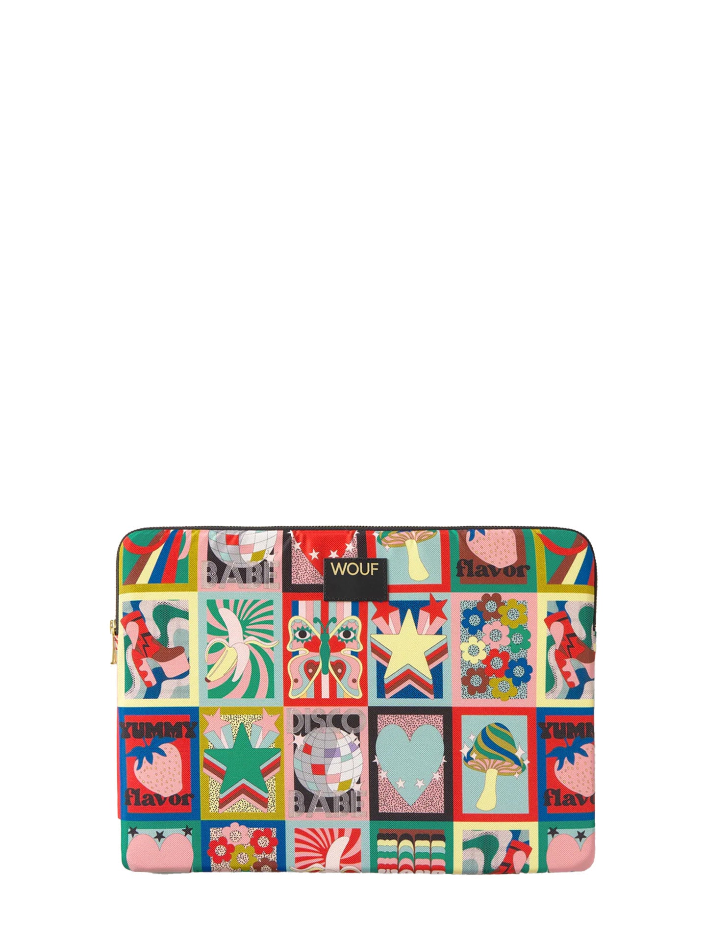 Colorful patterned product with 'Wouf' branding on a white background