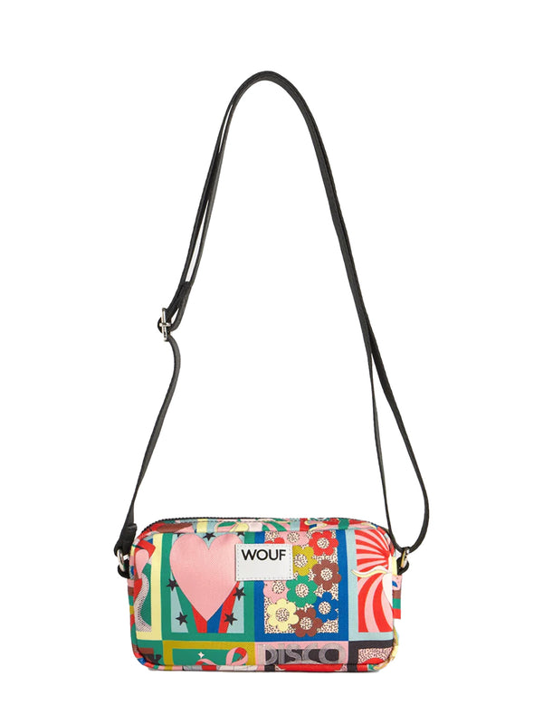 Multicolored patterned bag with a visible brand logo on a white background