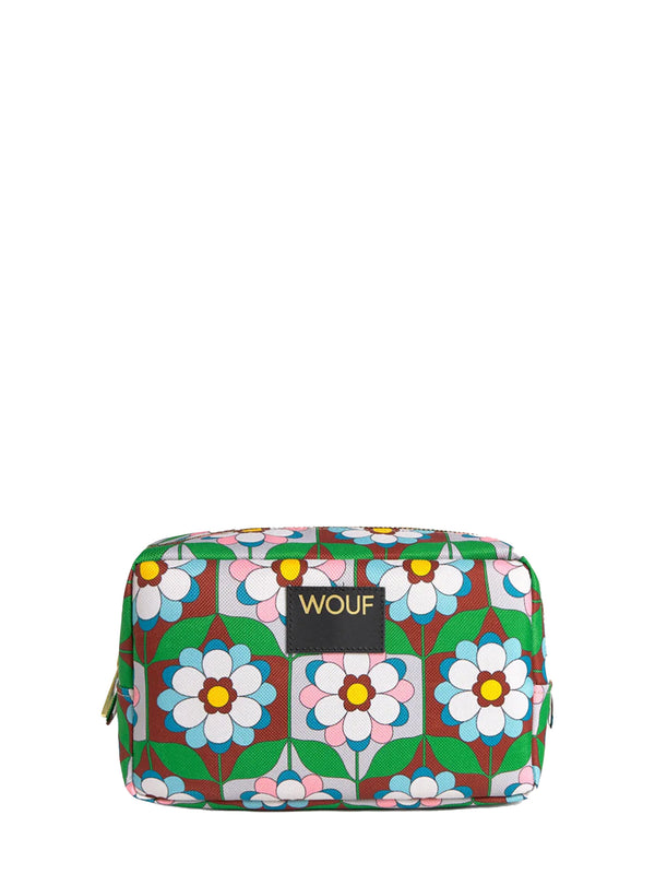 Multicolored floral-patterned pouch with 'WOUF' branding on a white background