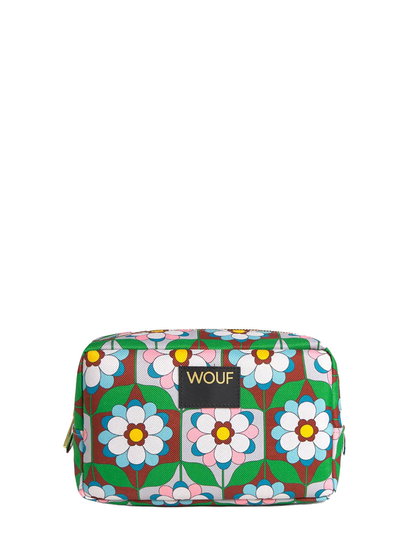 Multicolored floral-patterned pouch with 'WOUF' branding on a white background