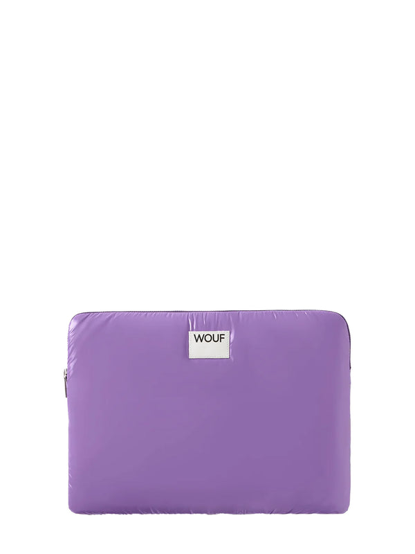 Purple pouch with a visible brand label on a white background