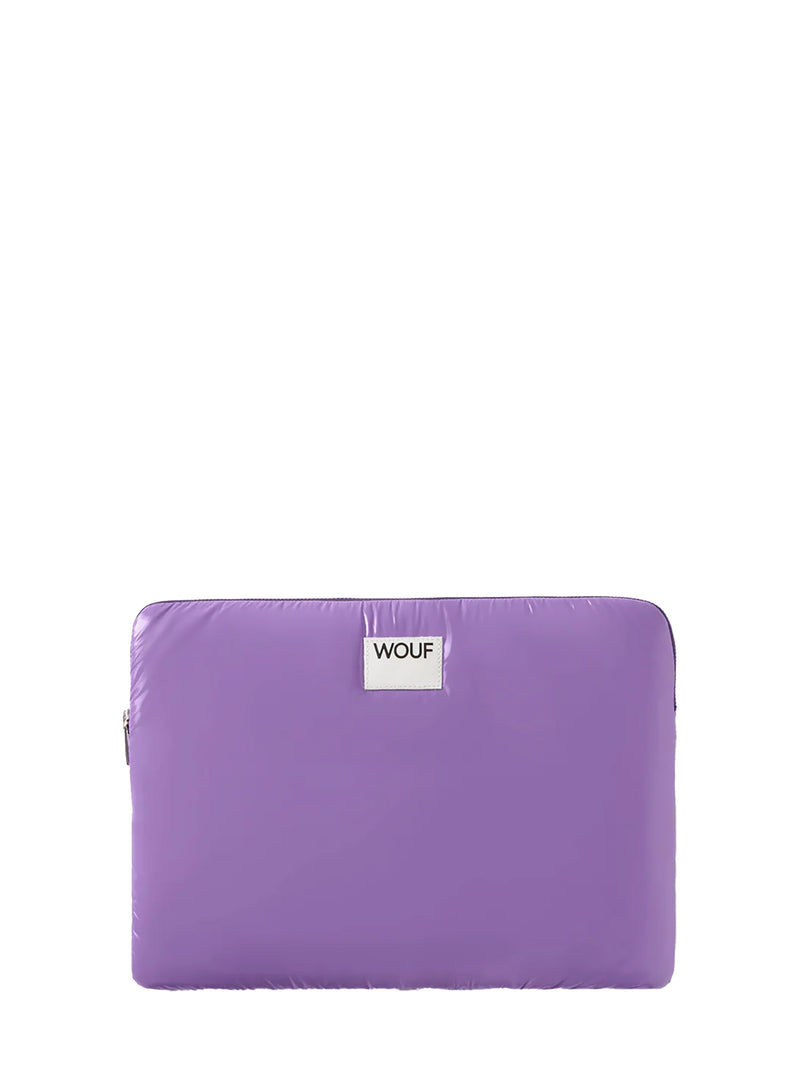 Purple pouch with a visible brand label on a white background
