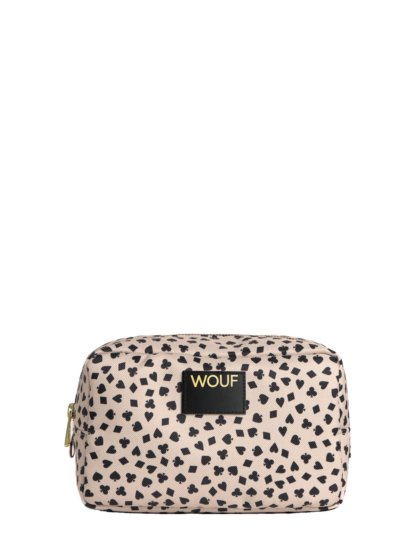 Cosmetic bag with card pattern and WOUF label on a cream colored canvas