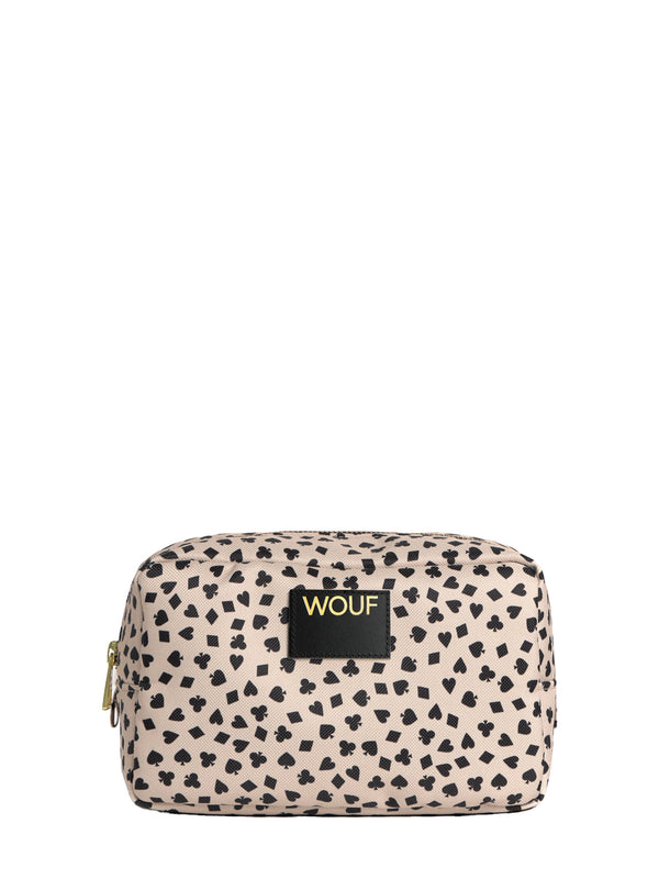 Cosmetic bag with card pattern and WOUF label on a cream colored canvas
