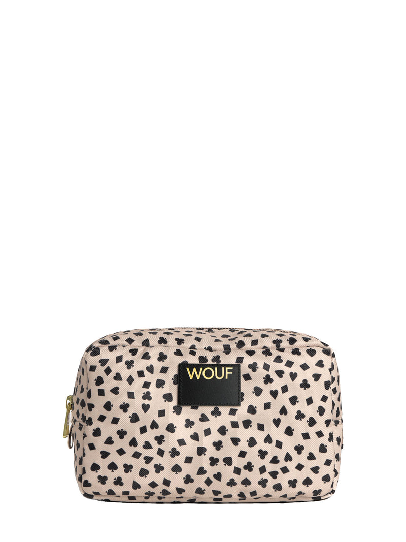Cosmetic bag with card pattern and WOUF label on a cream colored canvas