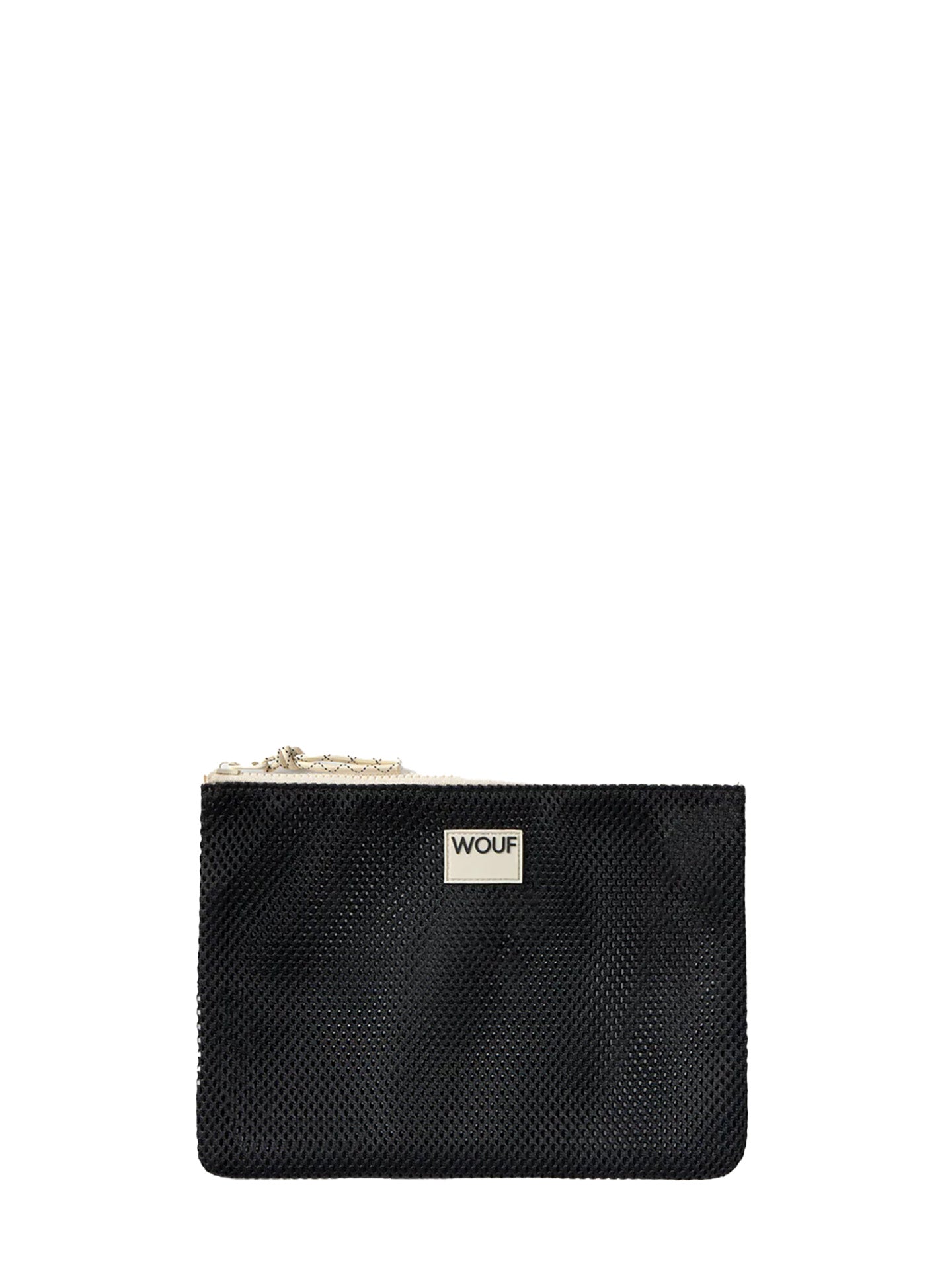 Black textured pouch with a gold zipper and 'WOOF' logo on a white background