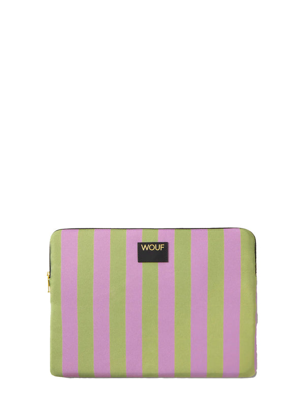 Striped pouch with pink and green stripes on a white background, featuring the brand 'WOUF'.