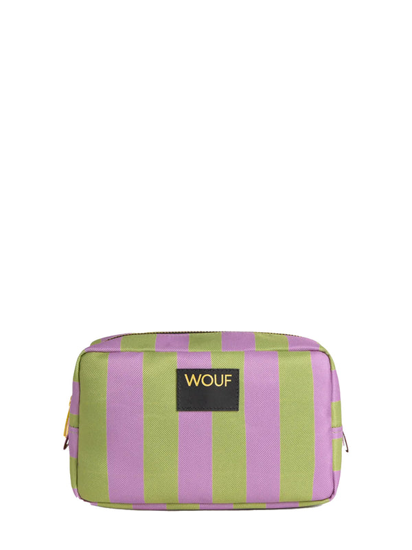 Striped pouch with 'WOUF' brand label on a white background