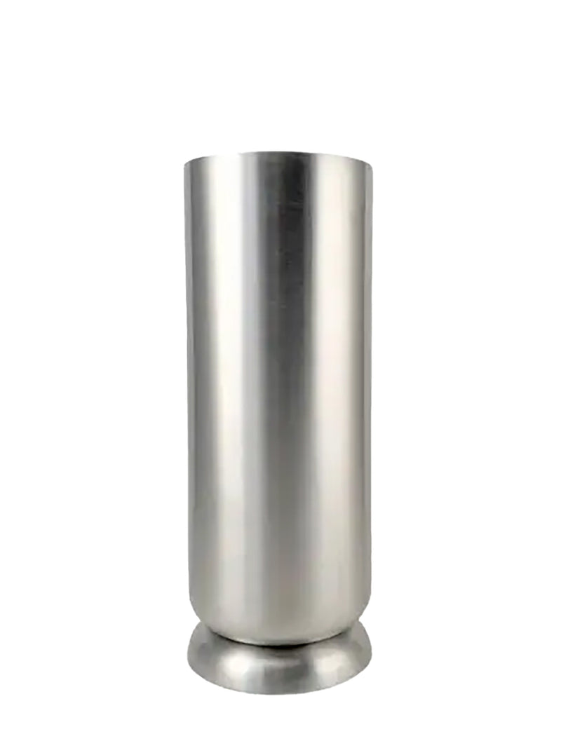 A brushed stainless steel cylinder with a flared base, shown on a plain white background.