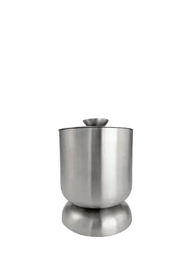 A brushed stainless steel ice bucket with a matching metal lid, shown on a clean white background with a soft reflection below.