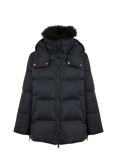 A-line down jacket with lambswool trim, black