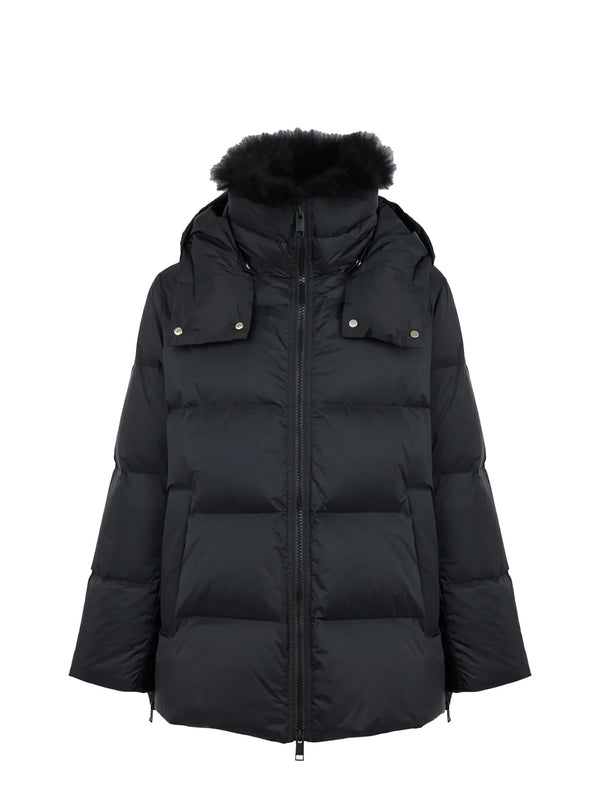 A-line down jacket with lambswool trim, black