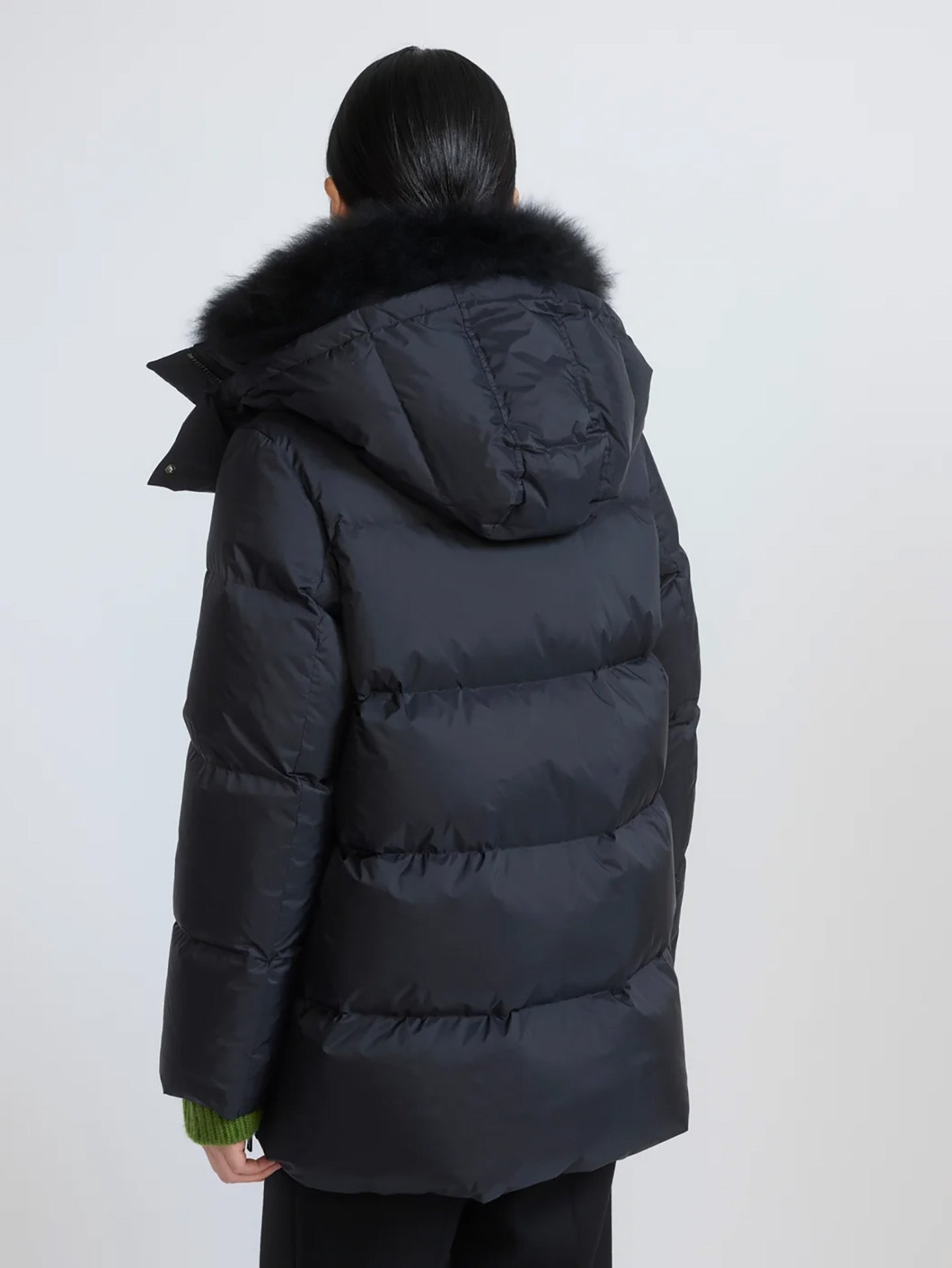 A-line down jacket with lambswool trim, black