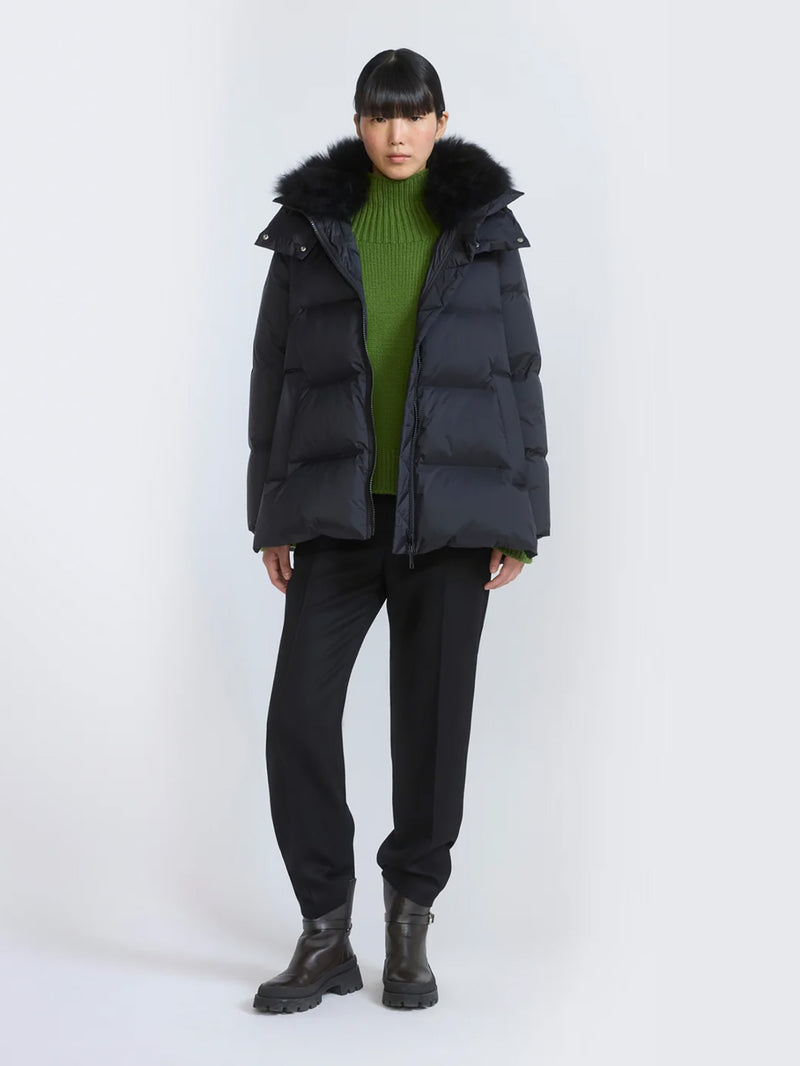 A-line down jacket with lambswool trim, black