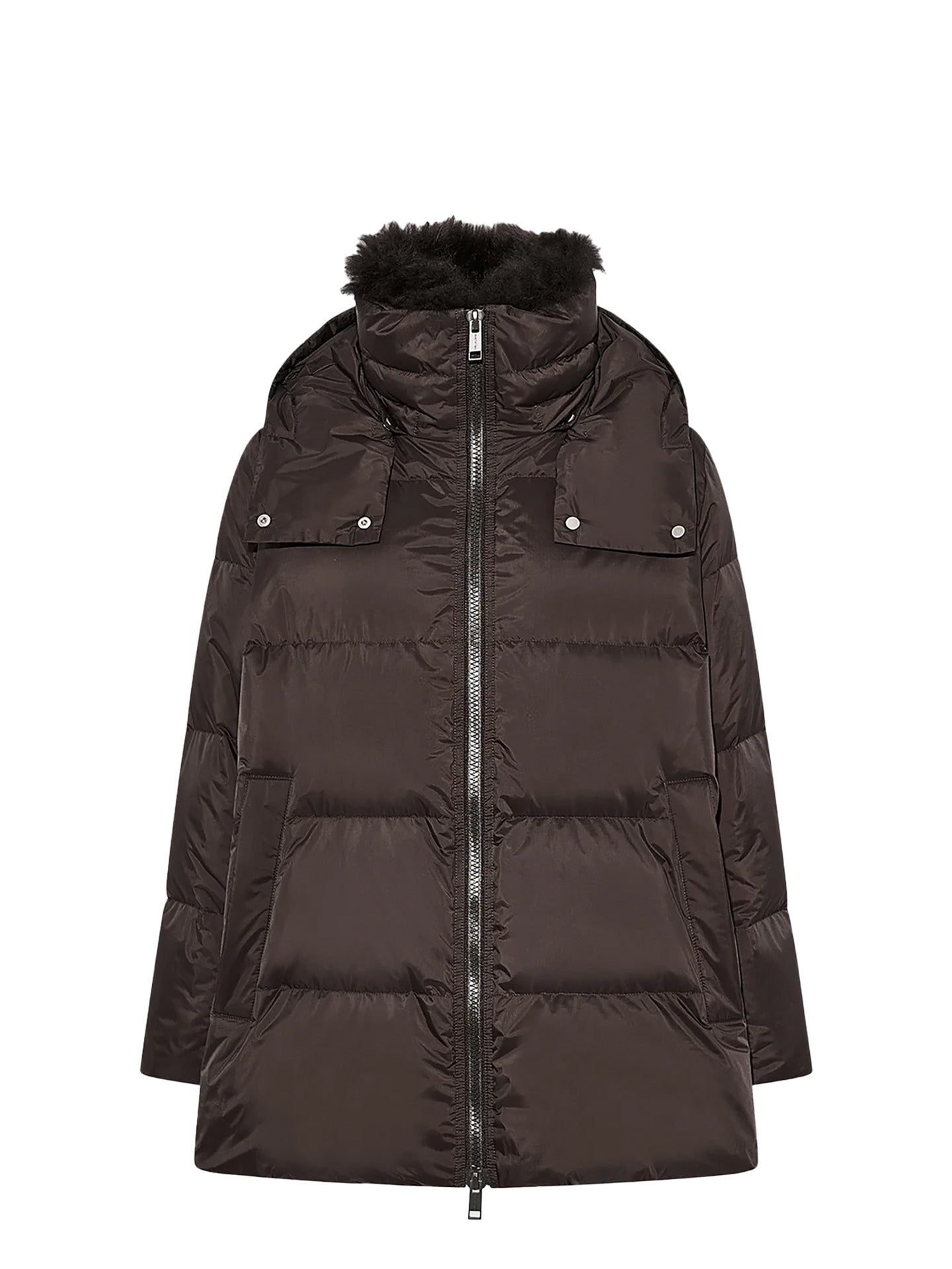 A-line down jacket with lambswool trim, brown