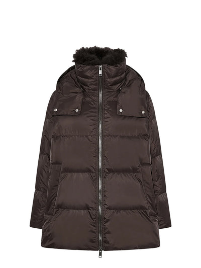 A-line down jacket with lambswool trim, brown