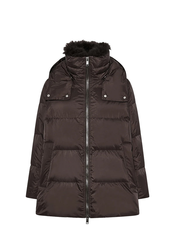 A-line down jacket with lambswool trim, brown