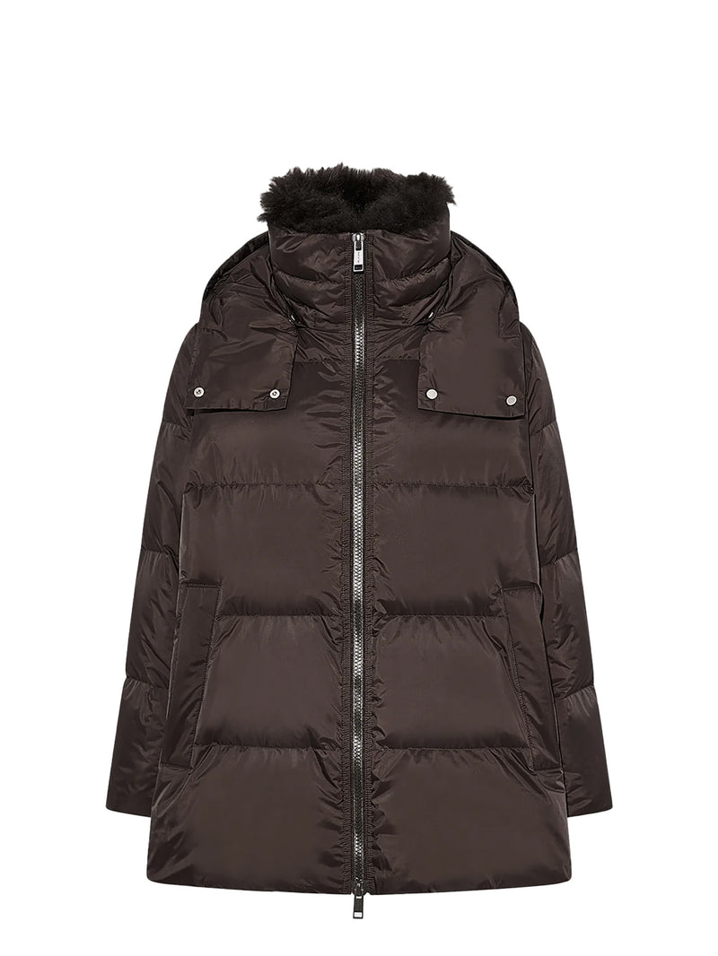 A-line down jacket with lambswool trim, brown