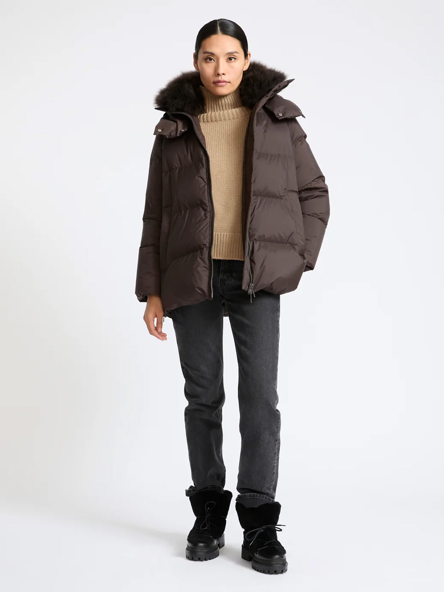A-line down jacket with lambswool trim, brown