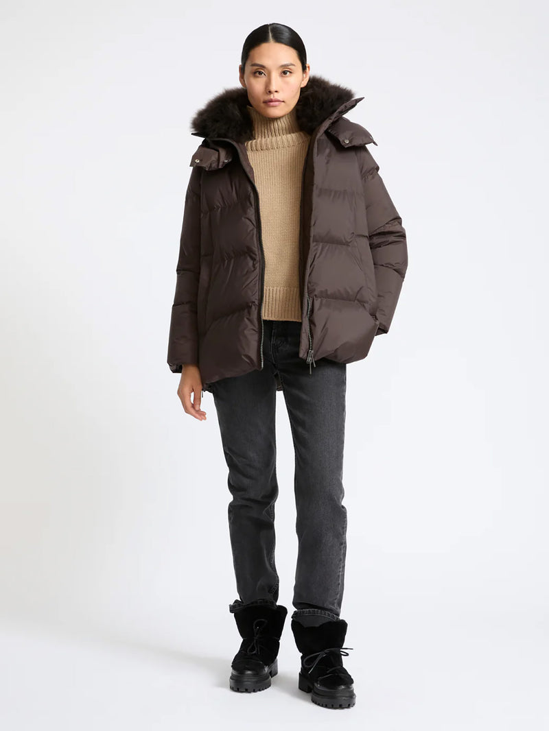 A-line down jacket with lambswool trim, brown