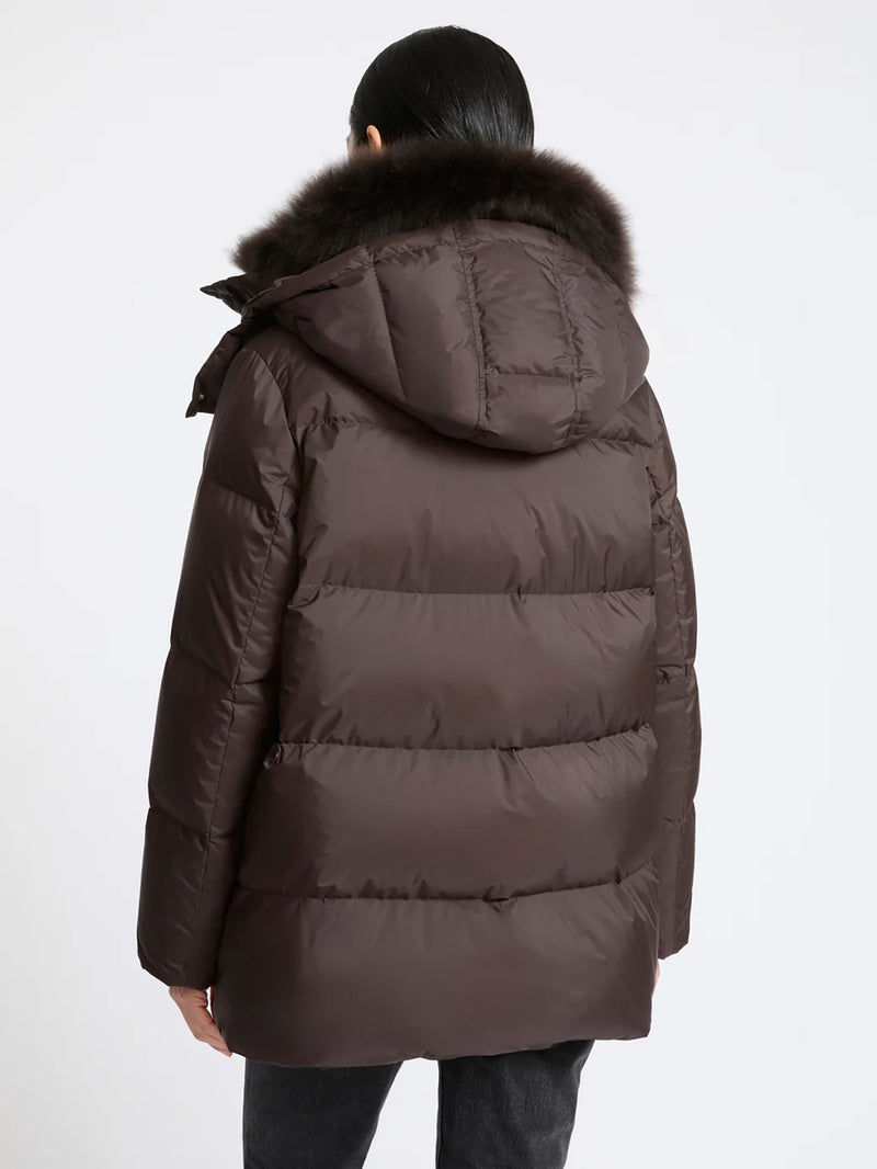 A-line down jacket with lambswool trim, brown
