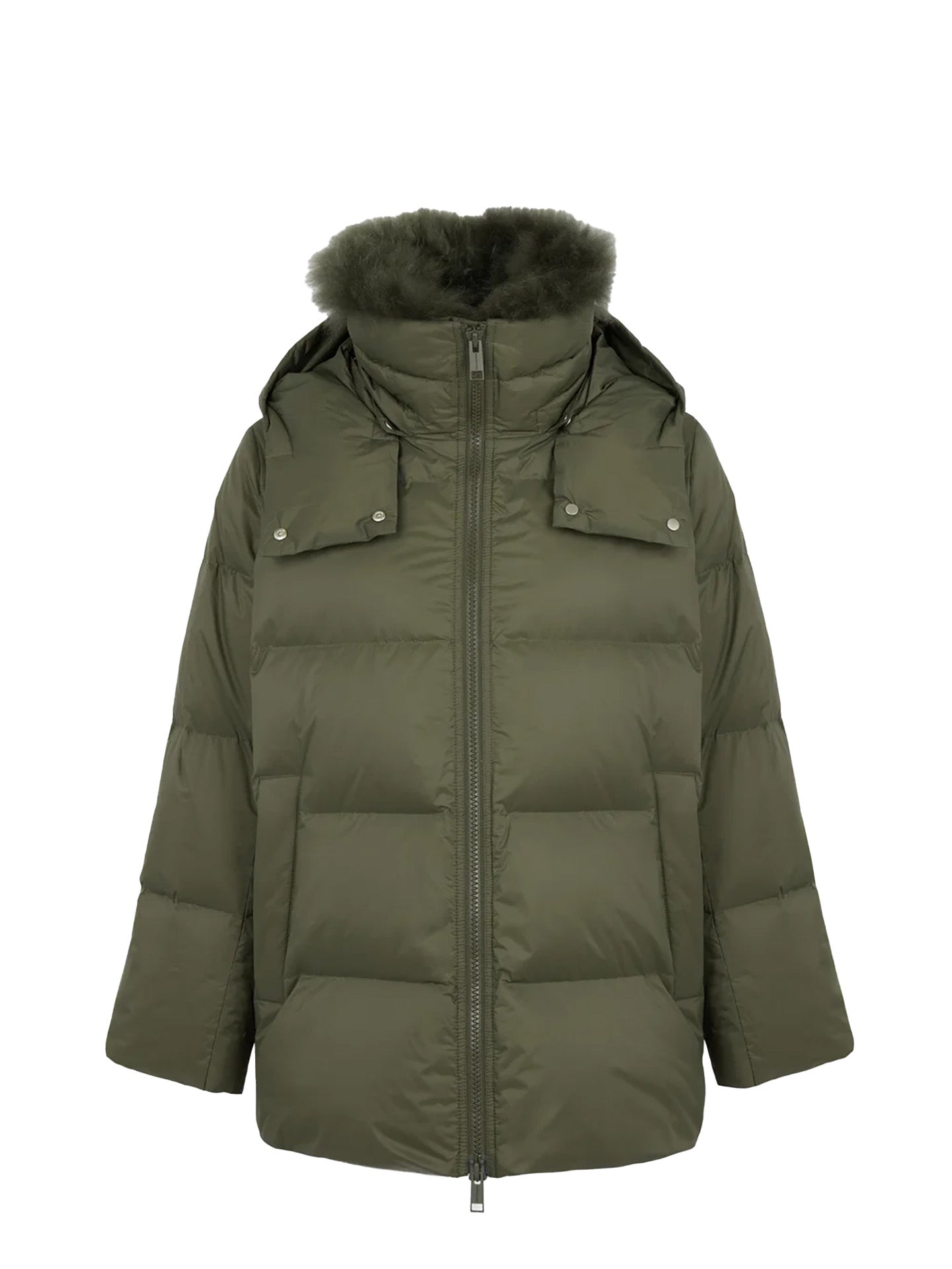 A-line down jacket with lambswool trim, khaki