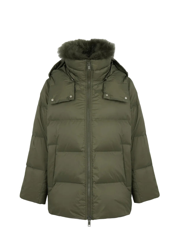 A-line down jacket with lambswool trim, khaki