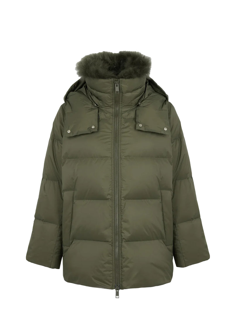 A-line down jacket with lambswool trim, khaki