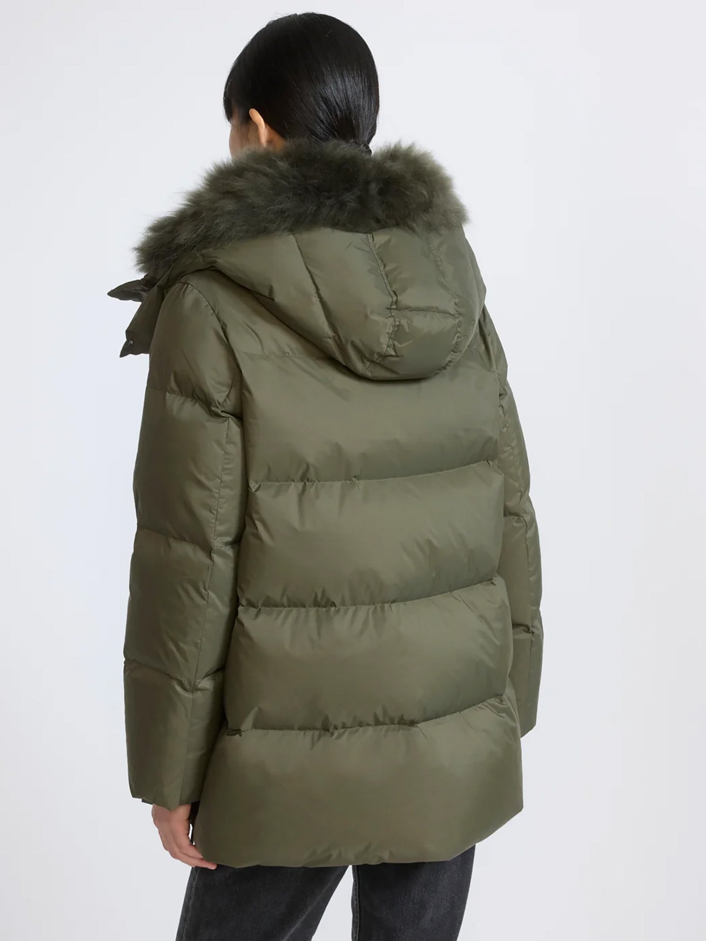 A-line down jacket with lambswool trim, khaki