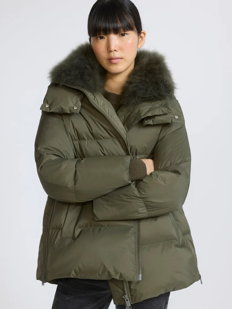 A-line down jacket with lambswool trim, khaki