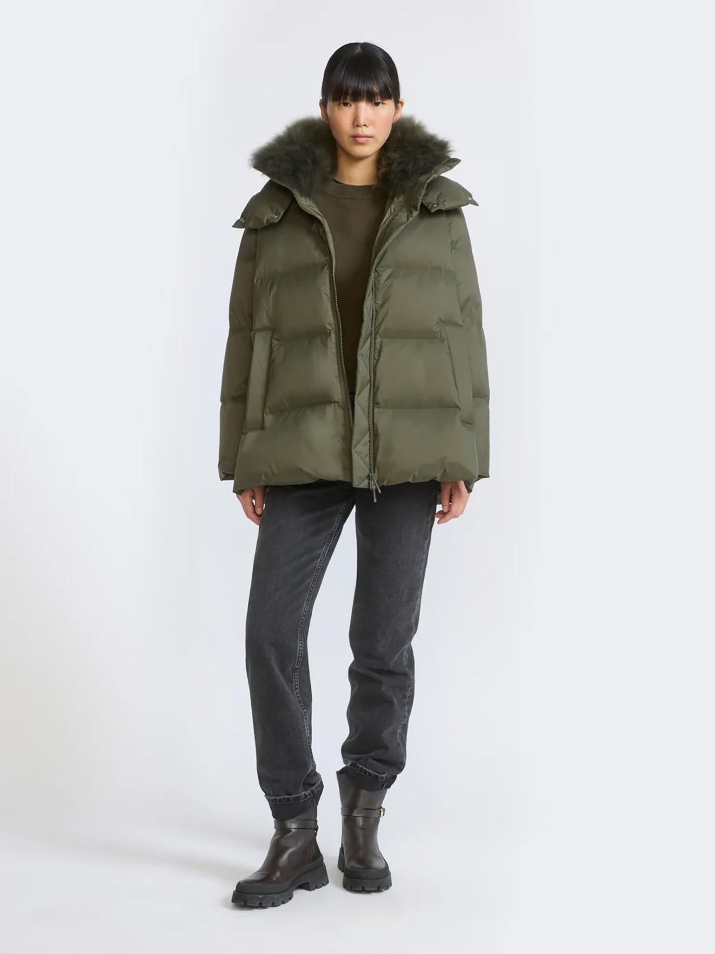 A-line down jacket with lambswool trim, khaki