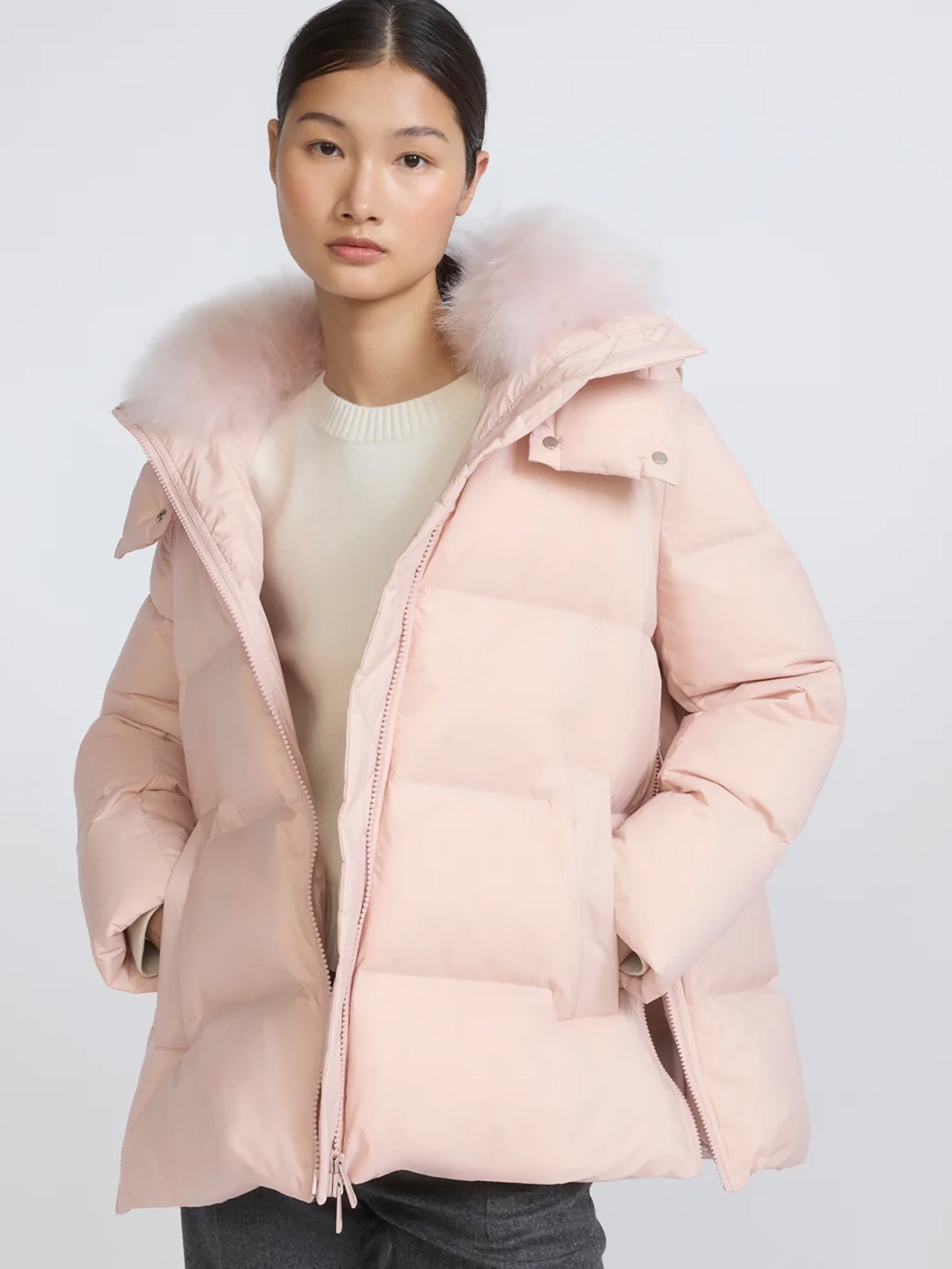 A-line down jacket with lambswool trim, pink