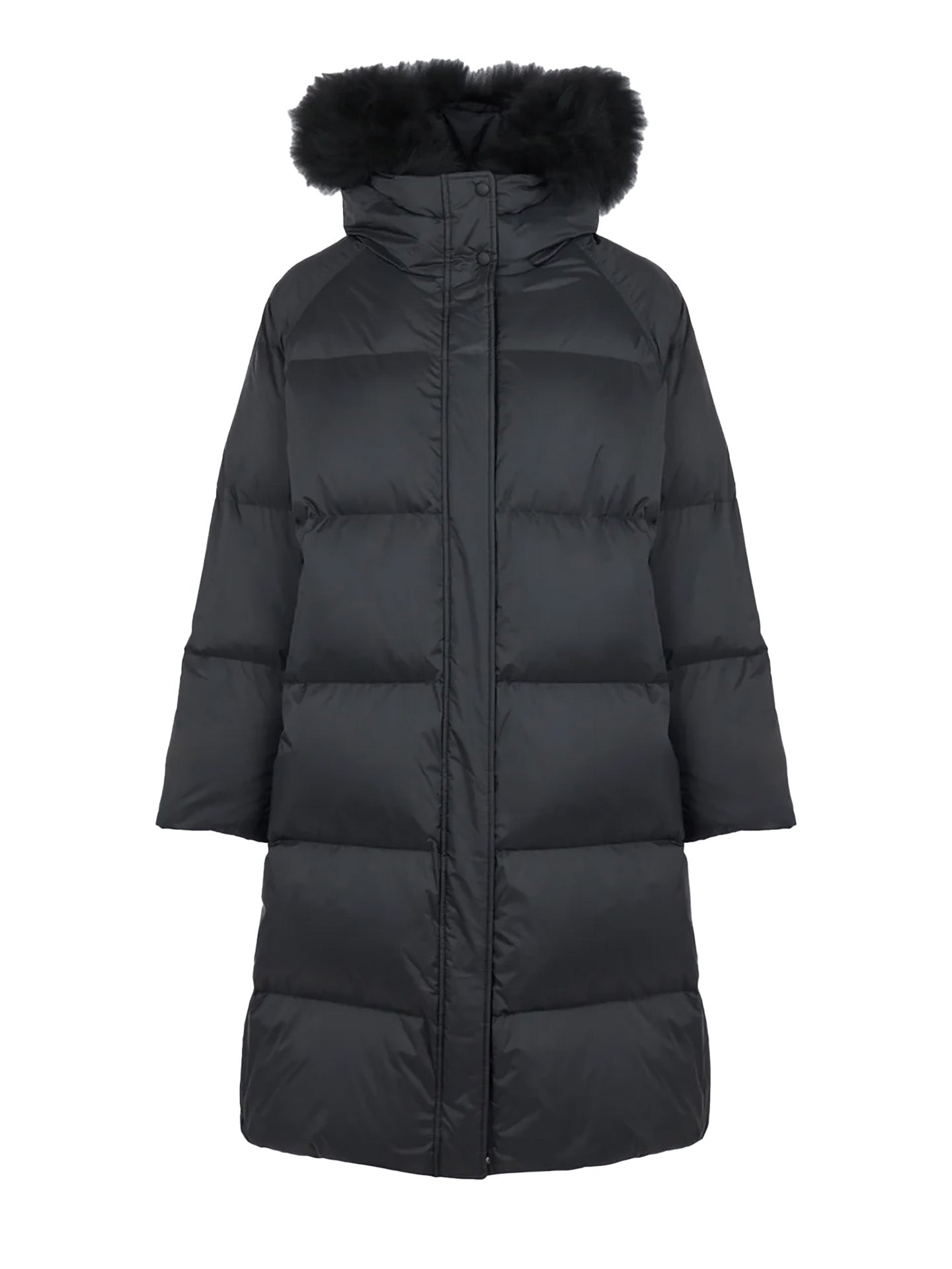 Long fur-trim hooded down coat, black