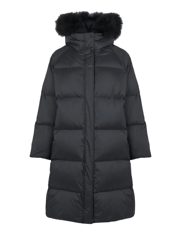 Long fur-trim hooded down coat, black