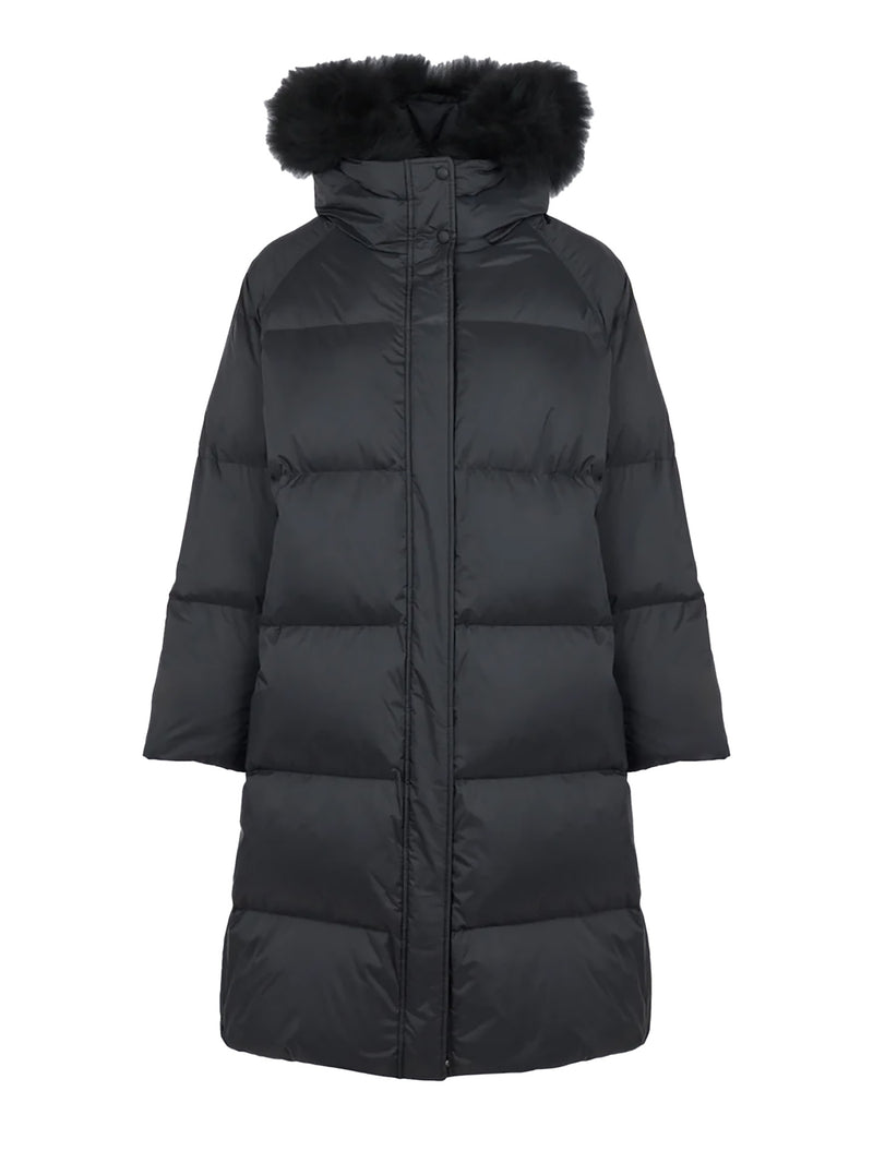 Long fur-trim hooded down coat, black