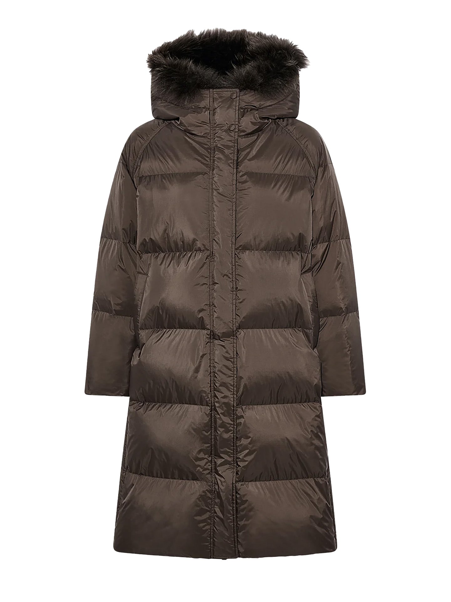 Long fur-trim hooded down coat, brown
