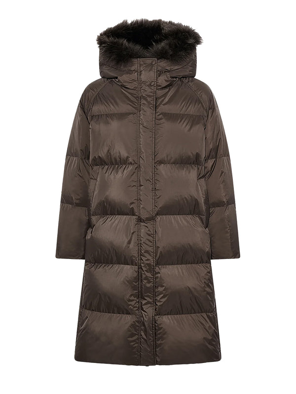 Long fur-trim hooded down coat, brown