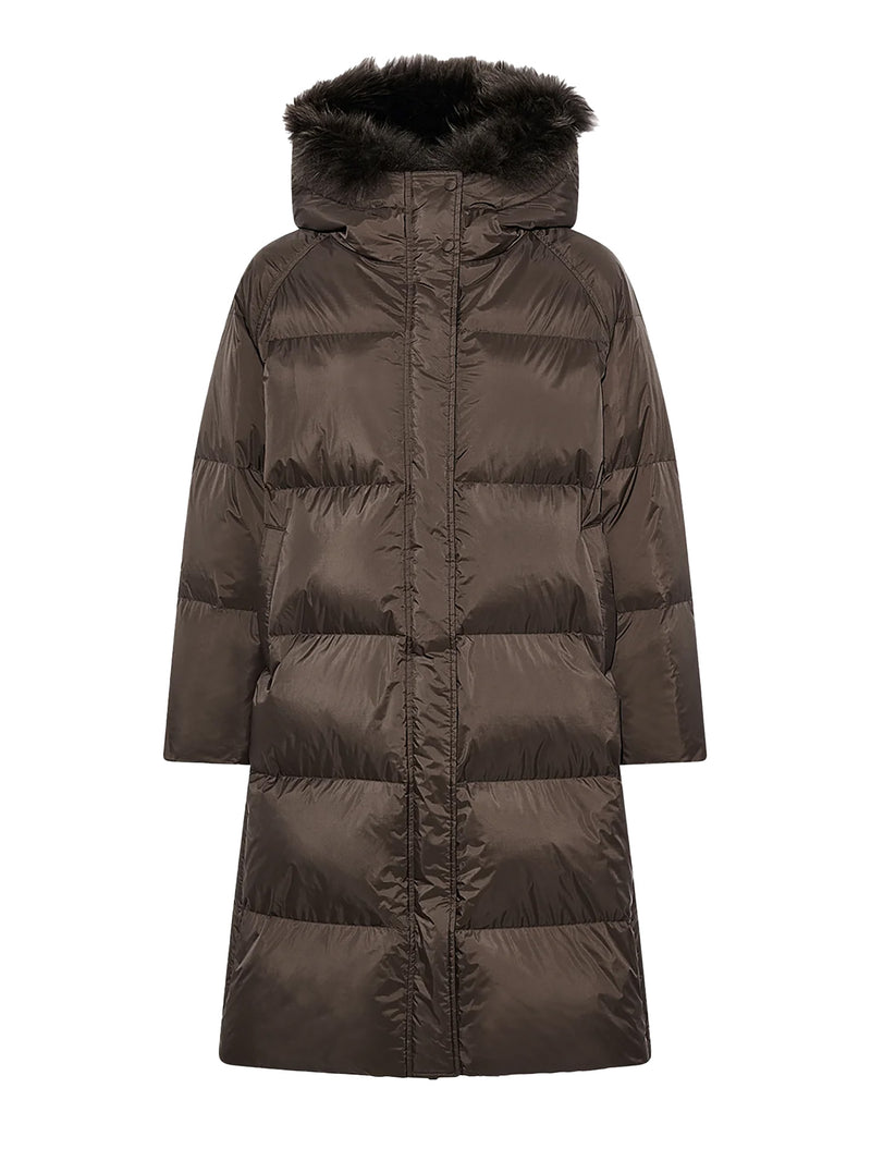 Long fur-trim hooded down coat, brown