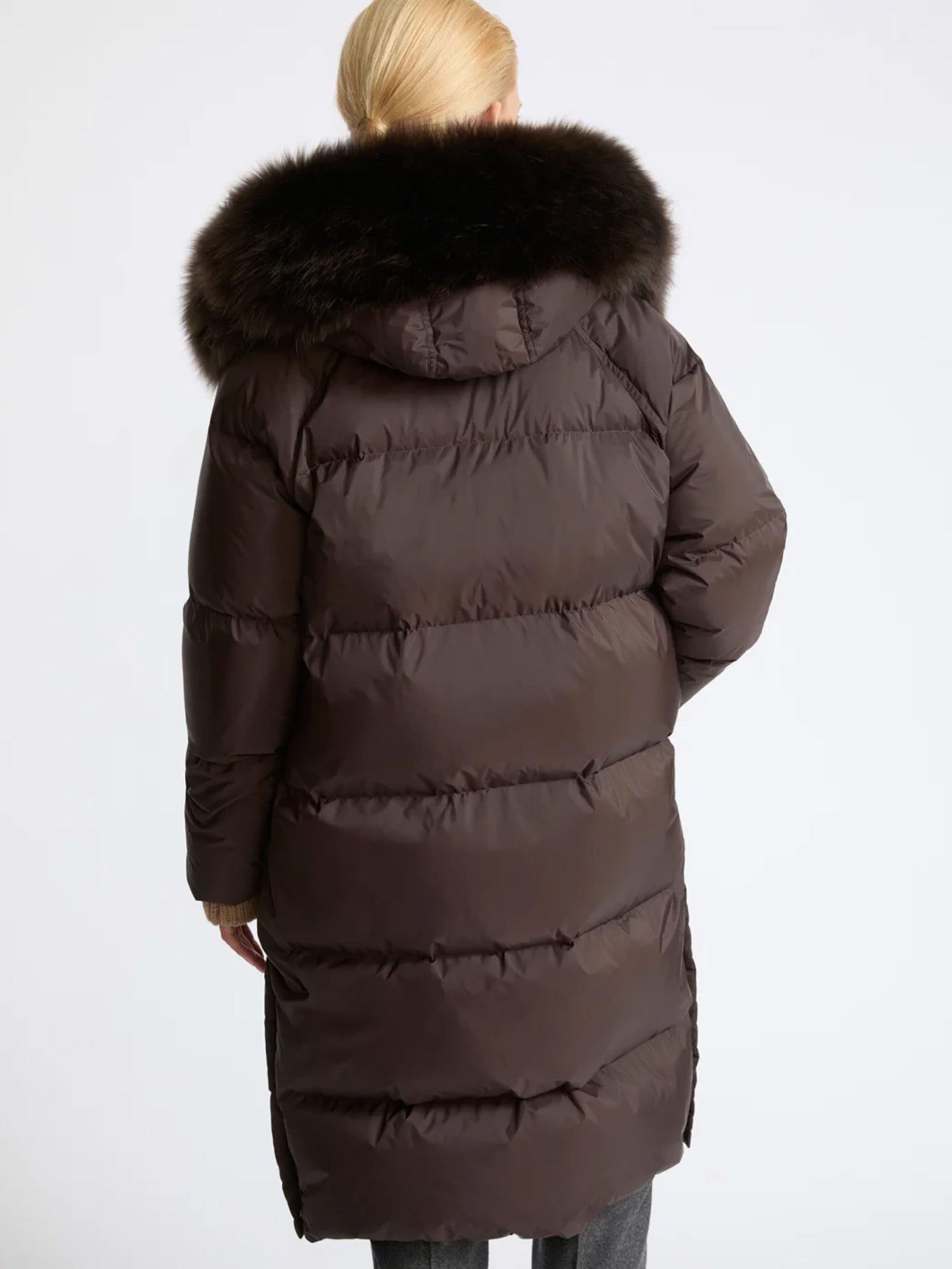 Long fur-trim hooded down coat, brown