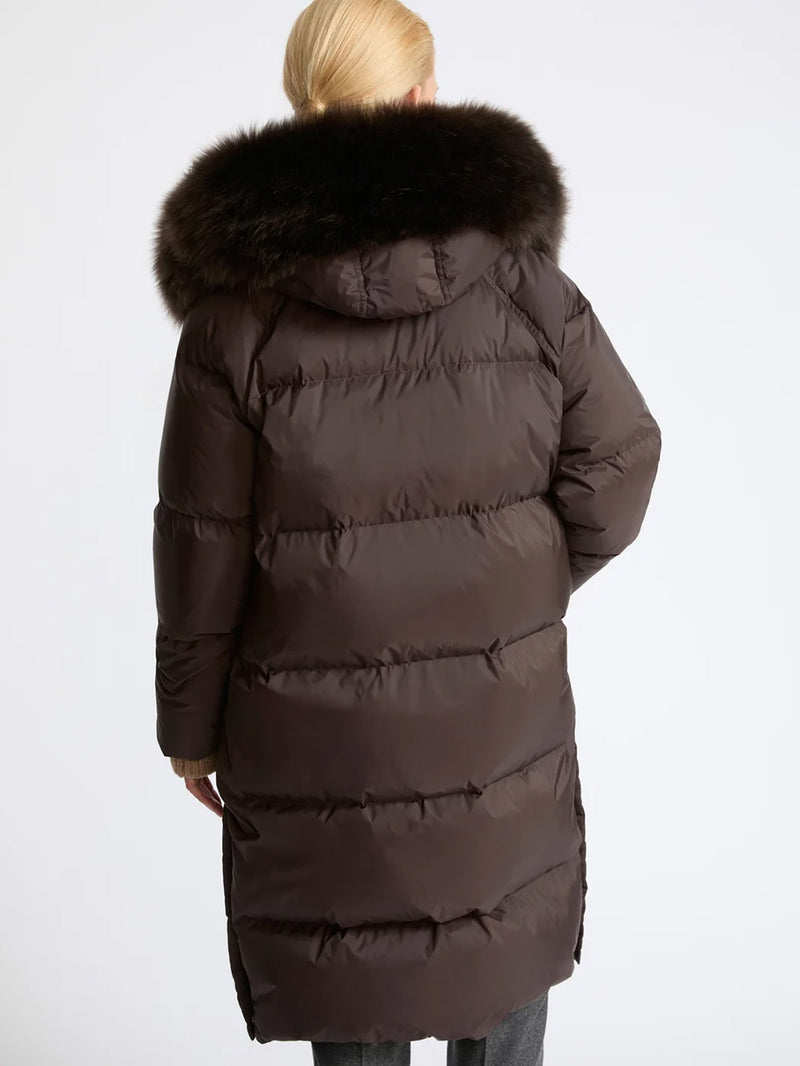 Long fur-trim hooded down coat, brown