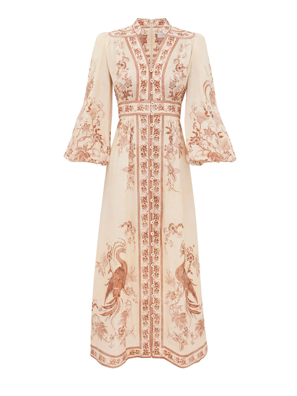 Indra plunge linen midi dress, cream floral